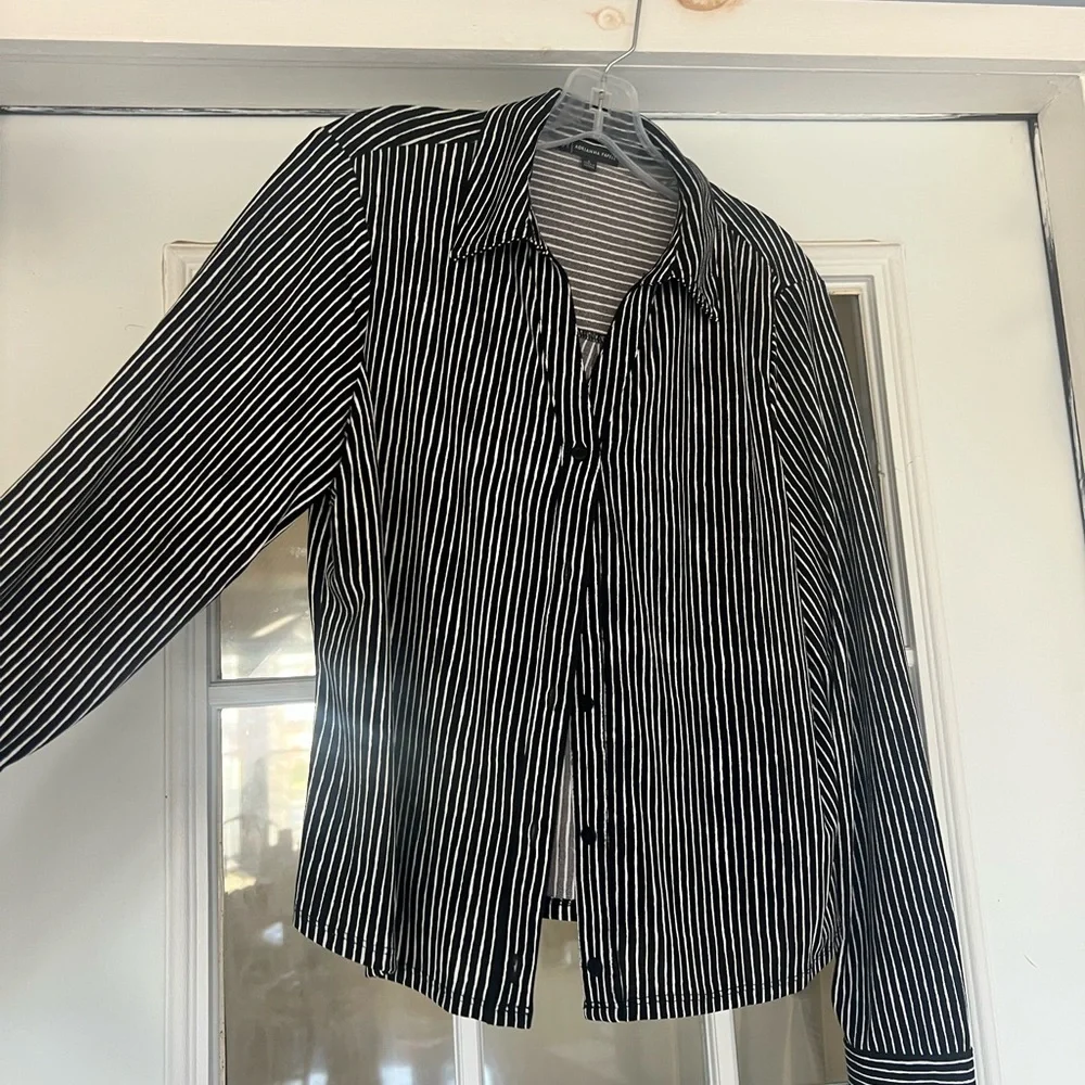 Adrianna Papell Black and White Striped Button Front Top